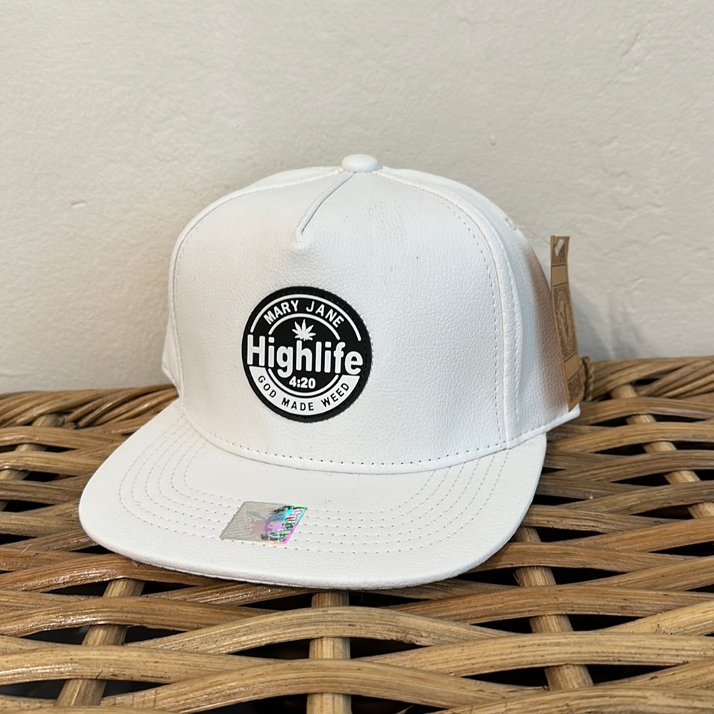 Faux leather white marihuana Mary Jane hat cap SnapBack flat bill